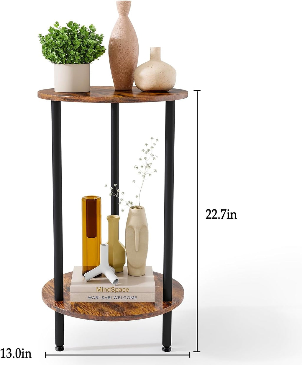 Small Round Side Table, Brown Round End Table, 2-Tier Modern Accent/Bedside Table for Living Room-Brown