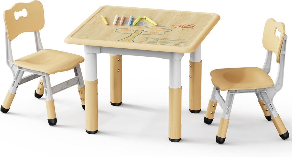Brelley Height Adjustable Toddler Table and 2 Chairs Set, Beige | Table Supports 280 lbs, Wooden Drawing Activity Desk, Classroom/Daycare/Home, Children Multi-Activity Table for Ages 3-8