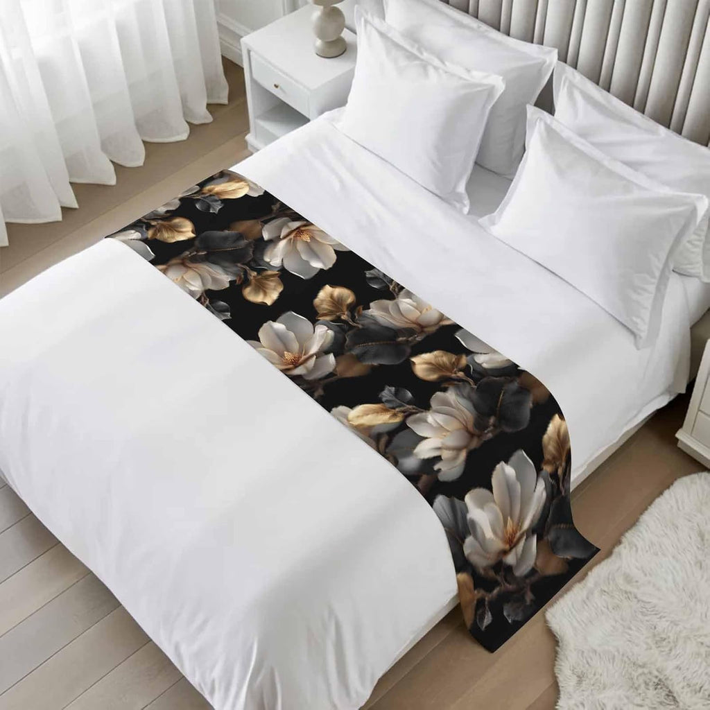 Magnolia Blossoms Bed Runner for King Size Bed, 102"x20" Retro White Floral Black Gold Leaf Branch Luxury Bed Runners & Scarves Decorative Bedding Scarf Protector Slipcover for Home Hotel