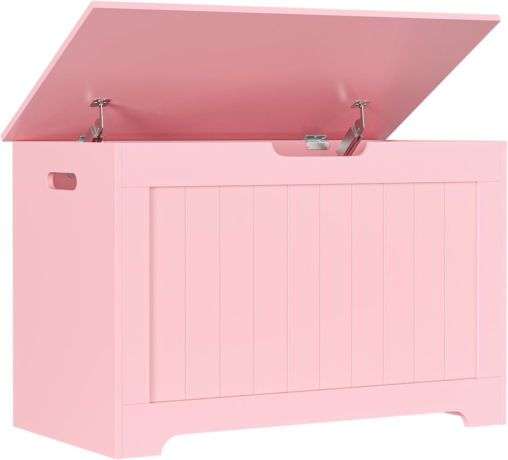 JungleA 30'' Box Storage Chest Trunk, Wooden Storage Bench Organizer Box Shoe Blanket Chest, w/2 Safety Hinges, for Living Room, Bedroom, Entryway, Pink