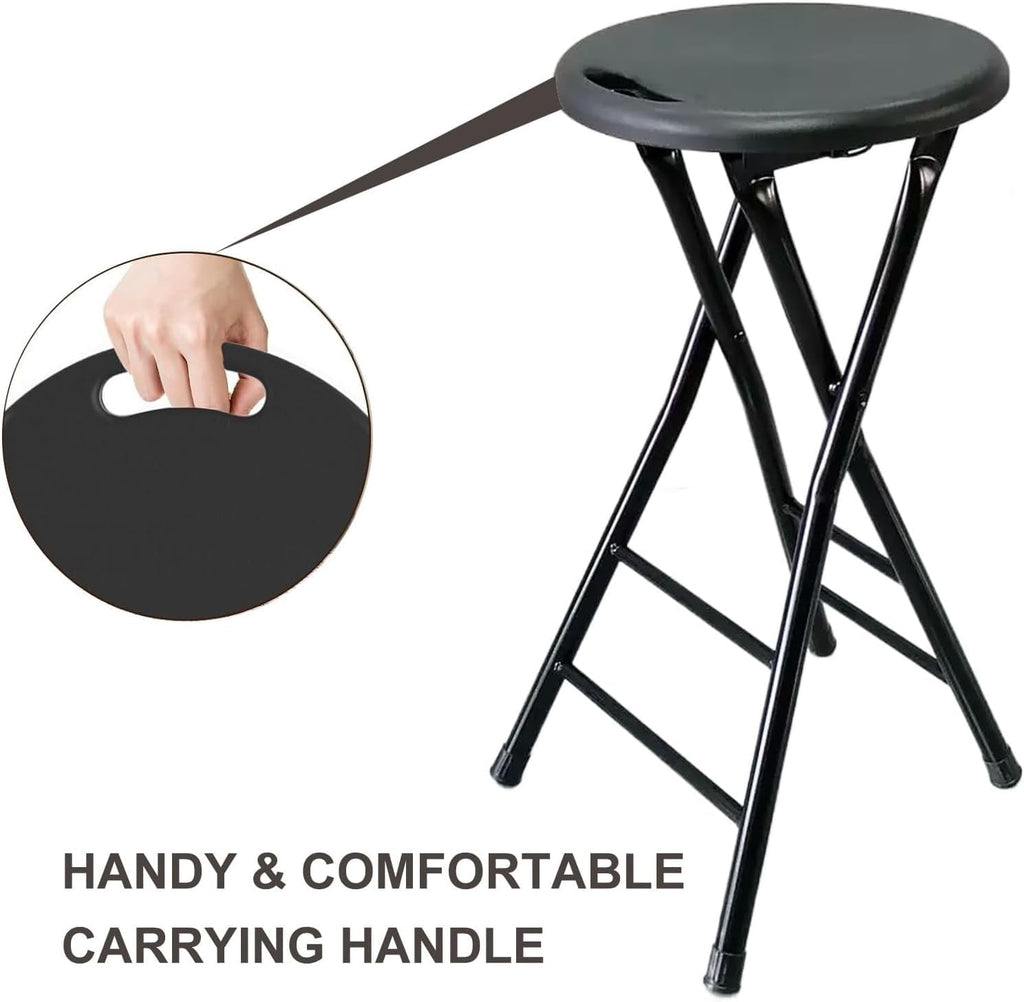 Portable Folding Bar Stool with Handle Round Compact High Chair for Kitchen Camping Outdoor Steel Frame(Black,60cm/24inch)