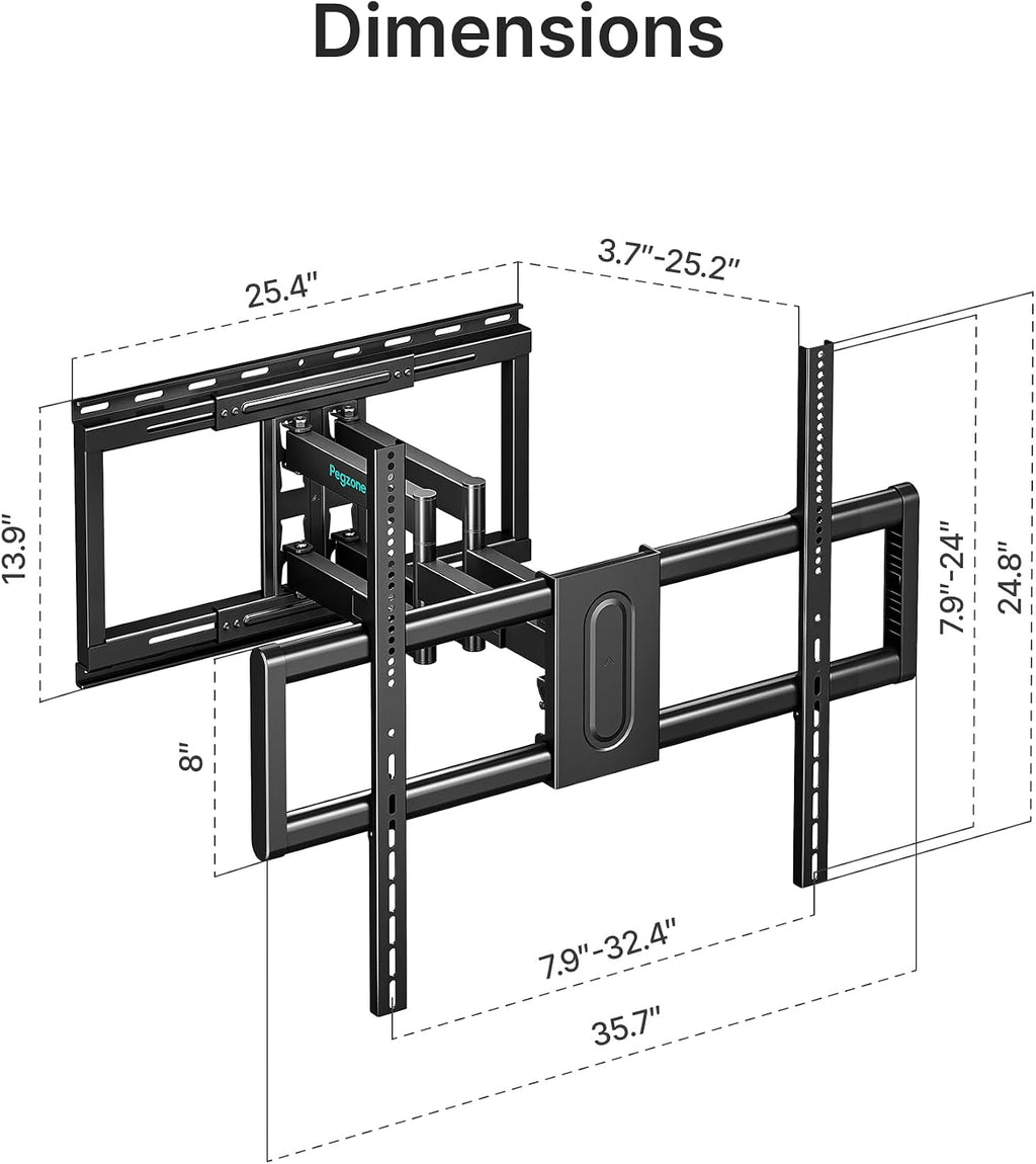 Pegzone Full Motion TV Wall Mount for 43-100 Inch TVs up to 176lbs, 25.2" Extension, Swivel Heavy Duty TV Bracket, Sliding Dual Arms for Off-Center Studs, Fits 16"/ 18" /24" Wood Studs, VESA 800x600