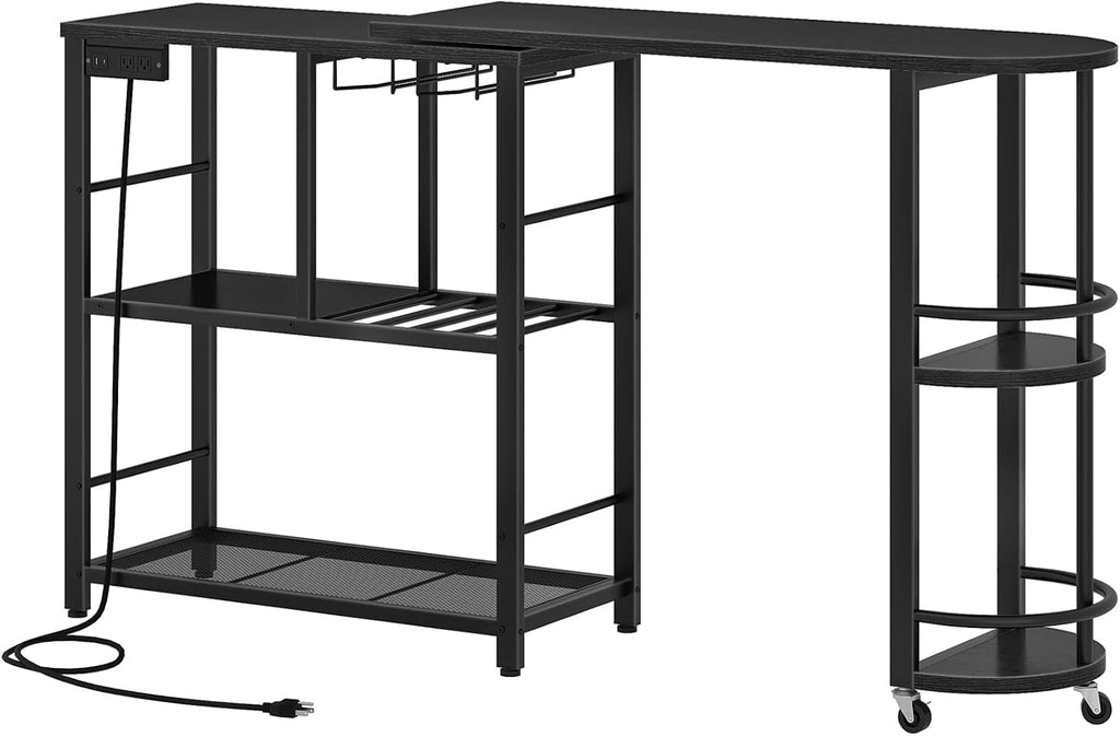 HOOBRO L-Shaped Bar Table, Home Bar Unit with Charging Station, 3-Tier Shelves with Wine Rack, 360° Extendable Bar Table on Wheels, Corner Mini Coffee Cabinet, for Pub, Kitchen, Black BB183UBT01