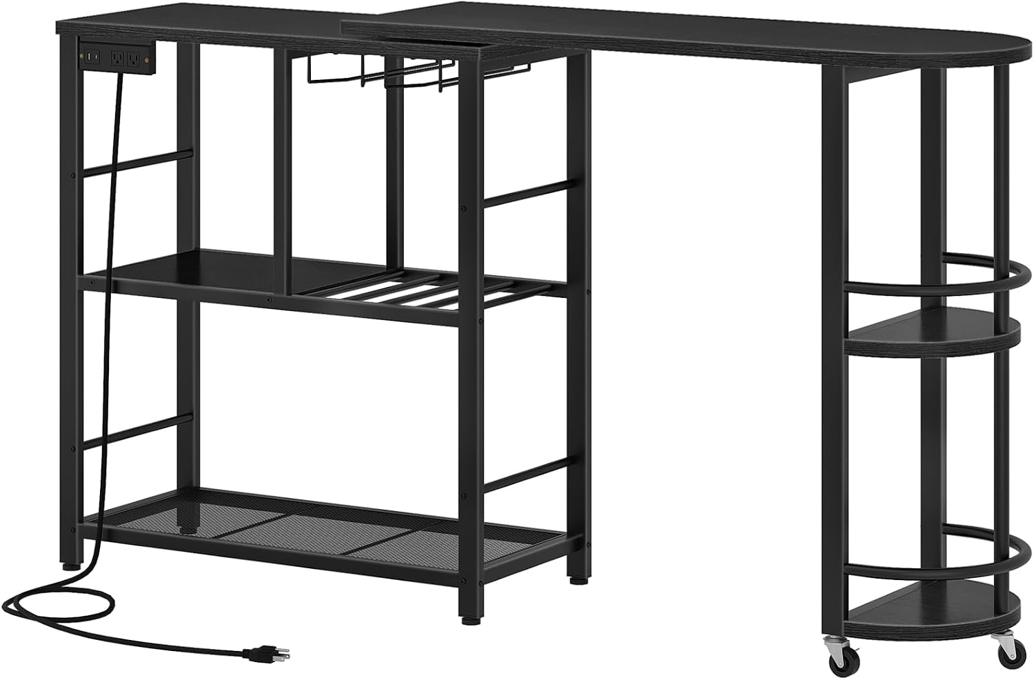 HOOBRO L-Shaped Bar Table, Home Bar Unit with Charging Station, 3-Tier Shelves with Wine Rack, 360° Extendable Bar Table on Wheels, Corner Mini Coffee Cabinet, for Pub, Kitchen, Black BB183UBT01