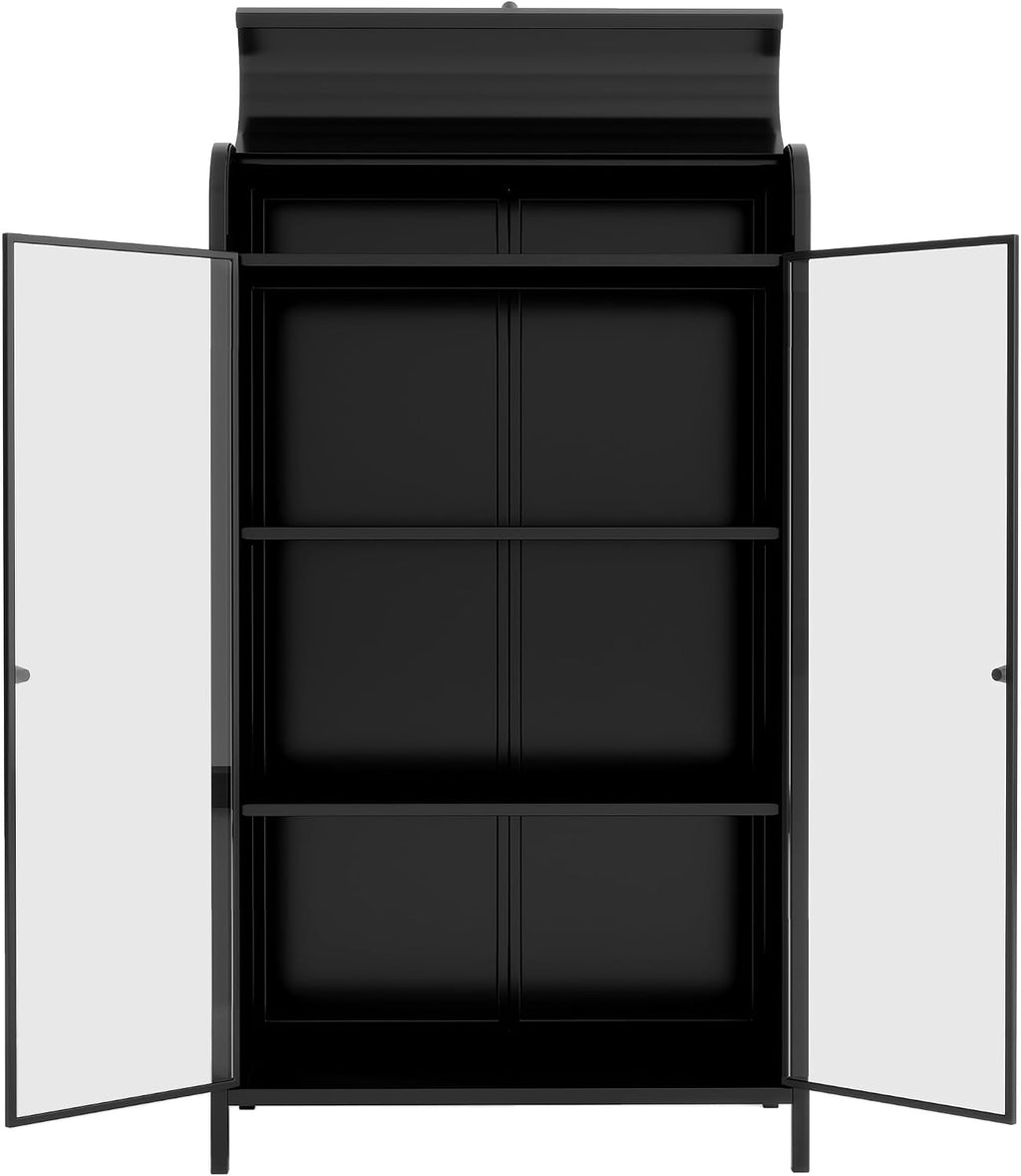 KEIKI 47.6" Tall Kitchen Pantry, Modern 4-Tier Sideboard Buffet Cabinet with Figured Glass Doors & Flip Top & Open Shelves, Industrial Metal Organizer for Living Room & Kitchen