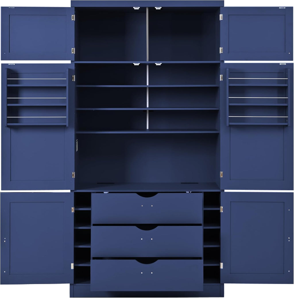 80.1'' Tall Freestanding Kitchen Pantry,Large Shake Style Storage Cabinet Cupboard with 2 Power Outlets,Adjustable Shelves and Door Shelves,for Dining Room (Blue/Power)