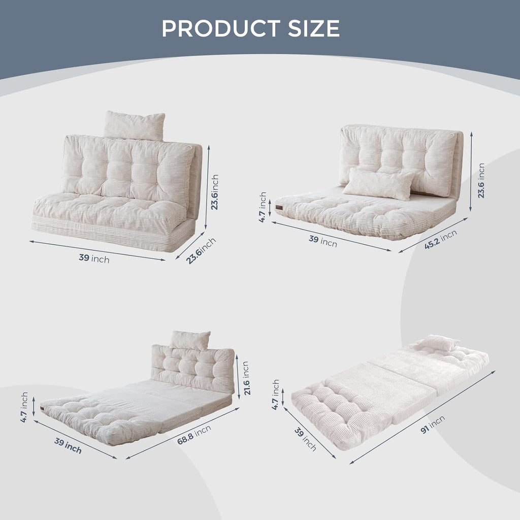 MAXYOYO Folding Sofa Bed, Tufted Bean Bag Bed with Pillows Floor Couch for Adults, Extra Thick and Long Floor Sofa, Twin Floor Couch Bed for Bedroom Living Room, Beige, 39x91 Inch