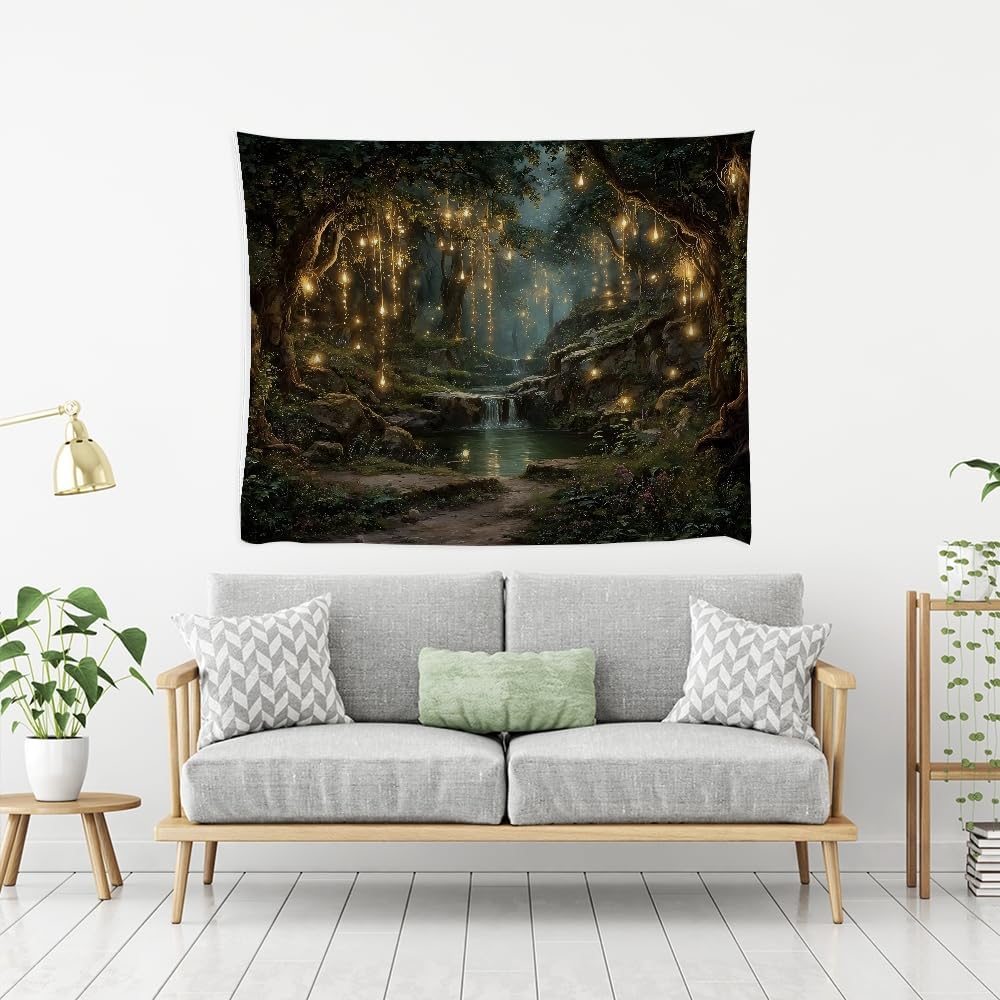 xyeey Gothic Fantasy Enchanted Forest Tapestry Mystical Waterfall Painting Wall Hanging Decor Fairy Lights Nature Landscape Art Vintage Tapestries for Living Room Gallery Wall Decor white60x80inch