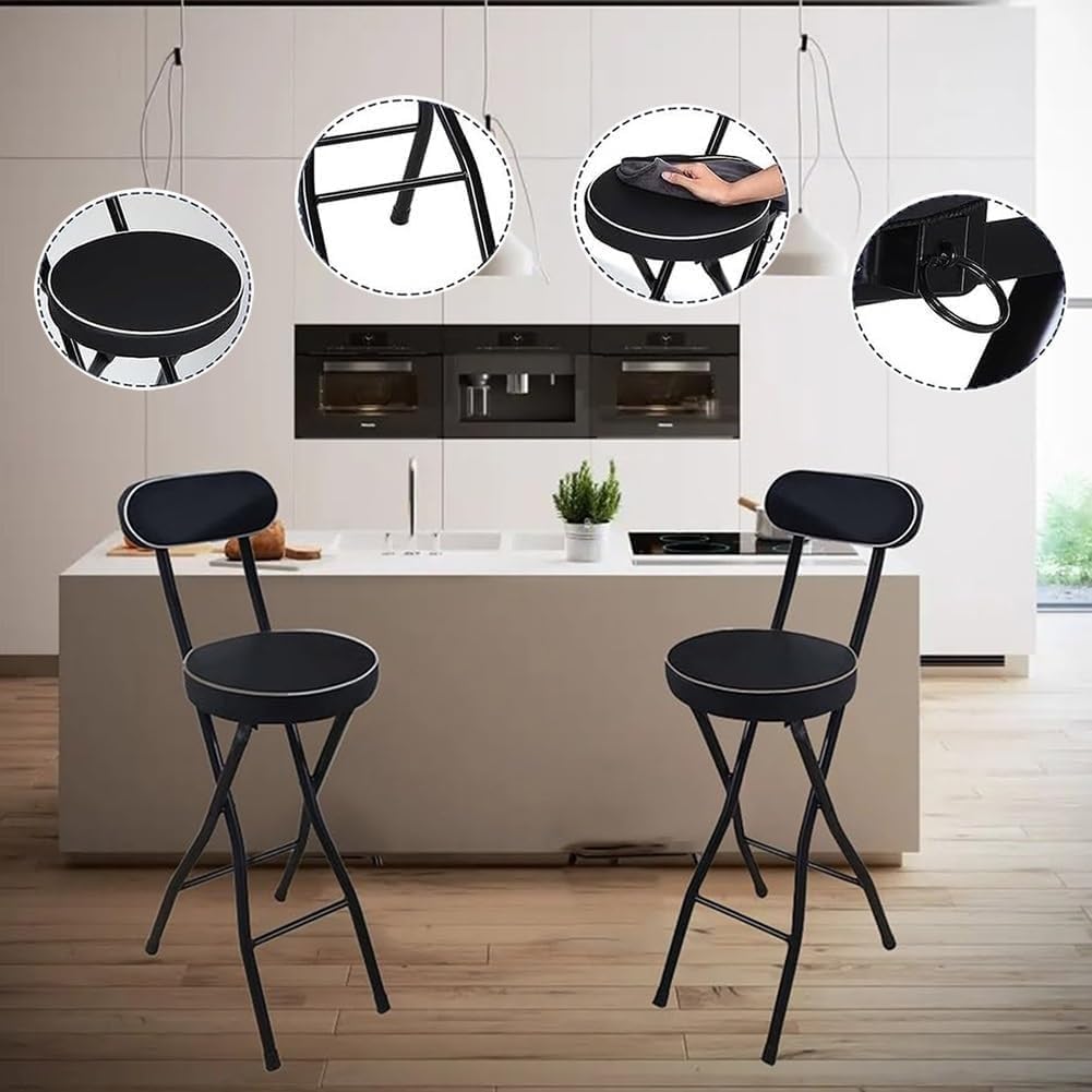 Portable Folding Bar Stool with Padded Seat Counter Height Foldable Chair for Kitchen Garden Office Adjustable(Black,24inch/60cm)