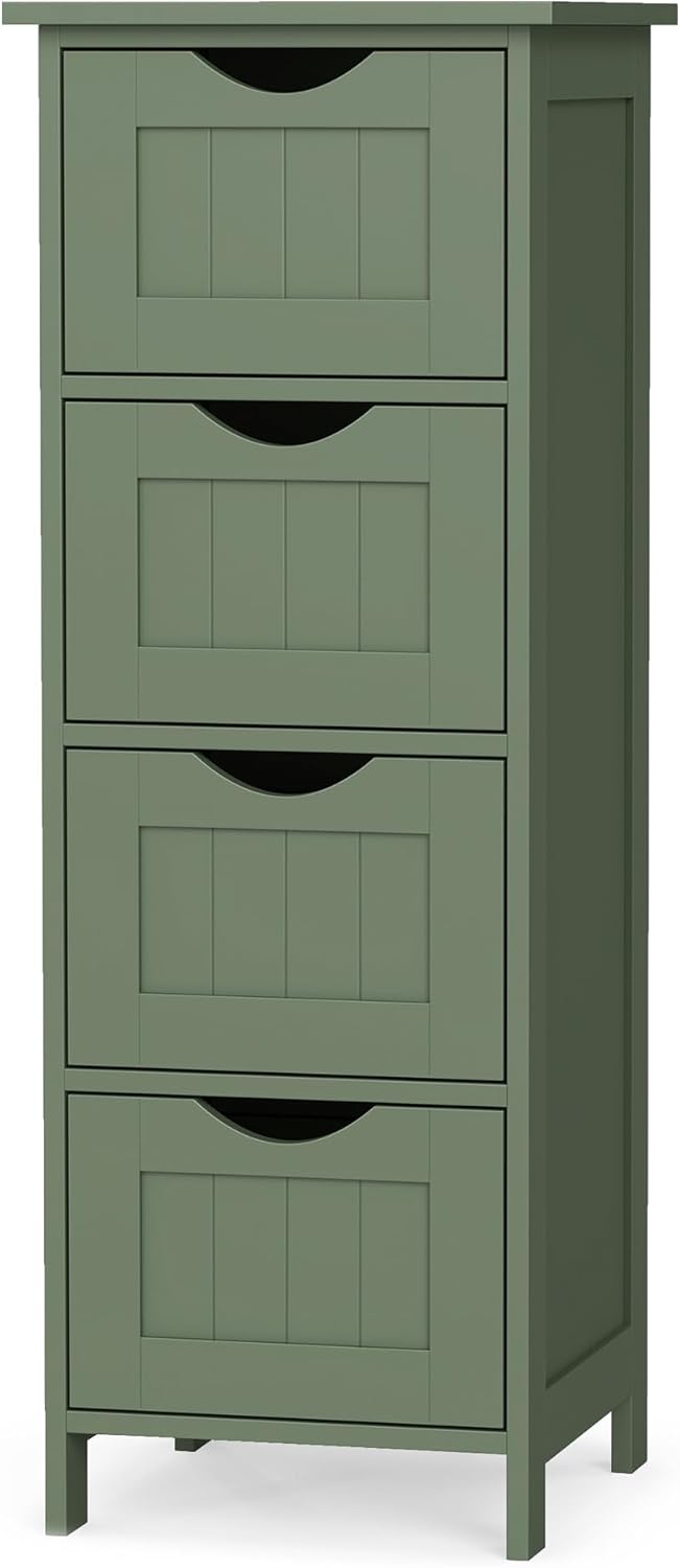 VASAGLE Floor Storage Cabinet, Freestanding Storage Organizer with 4 Drawers, 11.8 x 11.8 x 32.3 Inches, for Living Room, Bathroom, Dining Room, Kitchen, Modern Style, Forest Green ULHC040CH01S