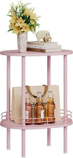 Small Oval Side Table with Storage, 2-Tier Pink End Table for Small Space | Simple Nightstand with Metal Frame, Modern Round Bedside Table for Living Room, Bedroom, Bathroom, Nursery（1 PC, Pink）