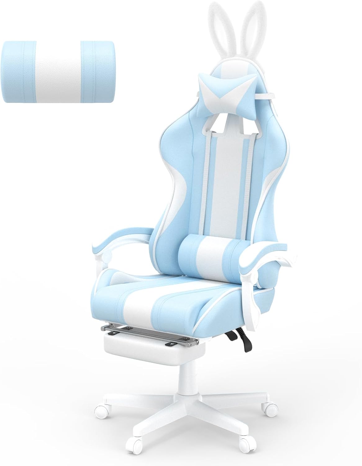 Ferghana Kawaii Bunny Ears Gaming Chair, Cute Gamer Chair with Footrest and Massage, Leather Ergonomic Computer Game Chairs for Girls Adults Teens Kids Light Blue
