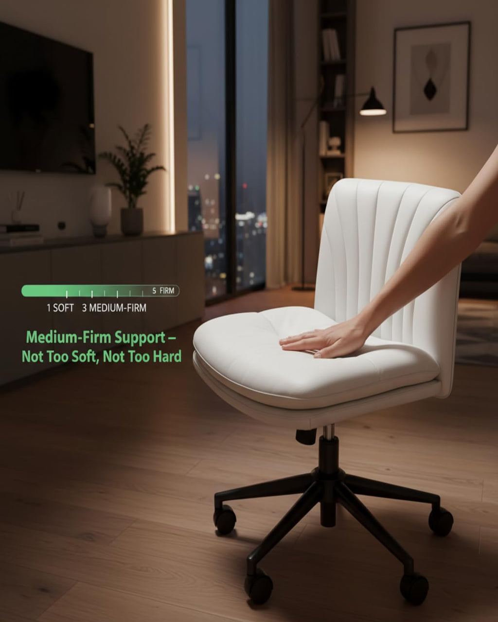 Marsail Armless-Office Desk Chair with Wheels: PU Leather Cross Legged Wide Chair,Comfortable Adjustable Swivel Task Chairs for Home,Office,Make Up,Small Space,Bed Room(Light Beige)