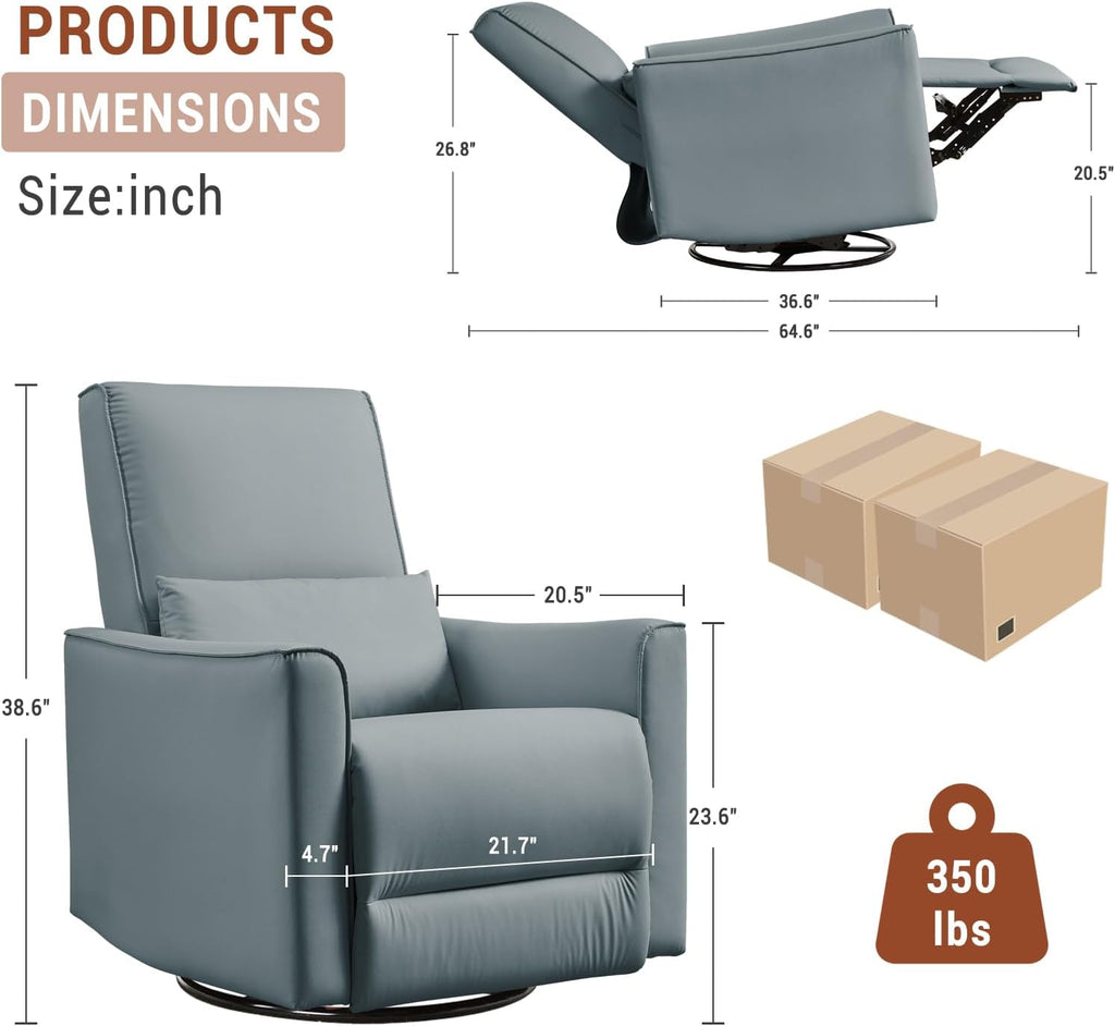 GarveeHome Swivel Rocking Recliner Chair, Upholstered Faux Leather Glider Recliner with Lumbar Support, high backrest & Padded armest, Manual Nursery Recliner for Living Room (Grey)