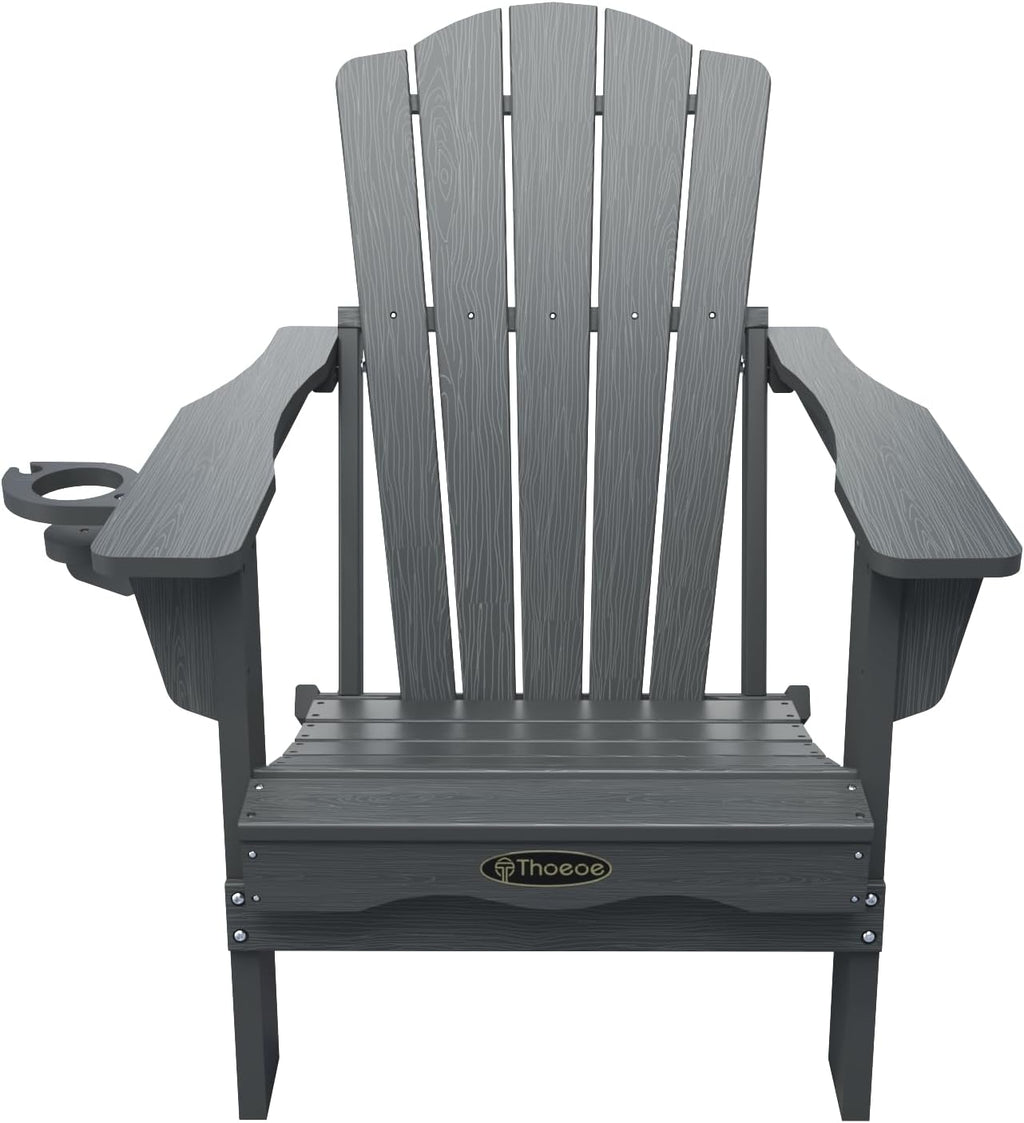THOEOE Folding Adirondack Chair,HDPE All-Weather Outdoor Chair with Cup Holder,Wooden Textured,Fire Pit Chair,Plastic Patio Chair for Deck,Backyard,Garden,Lawn, Grey