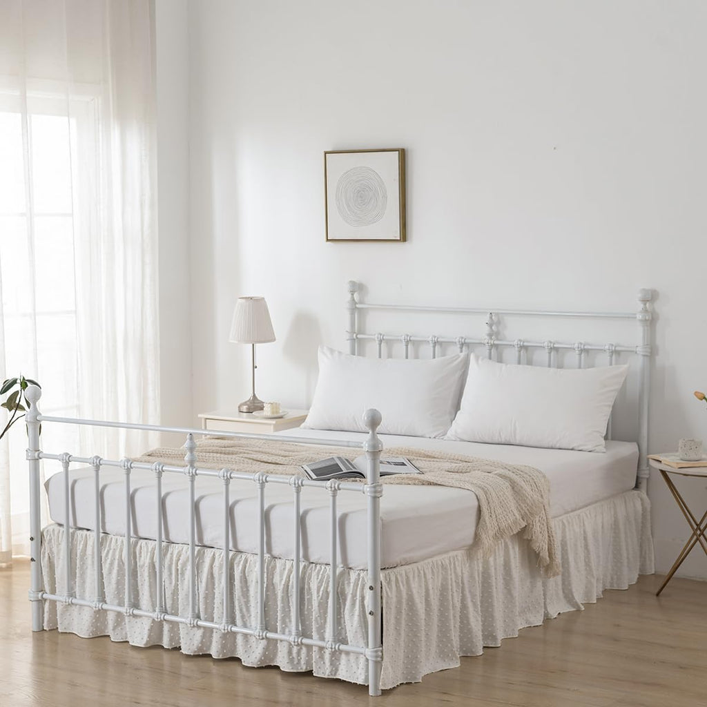 Tufted Dot Bed Skirt Queen Size Ruffled Bed Skirt with Split Corners, 14 Inch Drop Dust Ruffle Bed Skirts with Platform, Ivory
