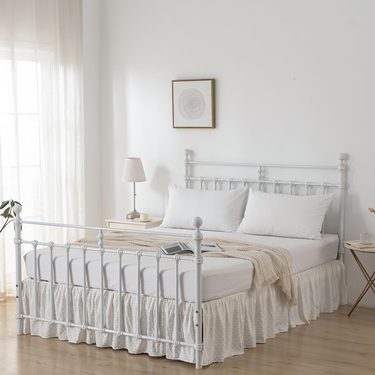Tufted Dot Bed Skirt Queen Size Ruffled Bed Skirt with Split Corners, 14 Inch Drop Dust Ruffle Bed Skirts with Platform, Ivory