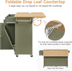 ONBRILL 60" Kitchen Island with Power Outlet & Drop Leaf, Rolling Island with Spice Rack & Towel Rack, Kitchen Island Cart with Trash Storage Cabinet, Island Table for Kitchen, Green