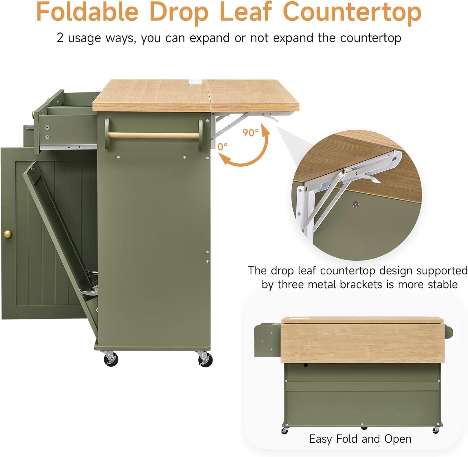 ONBRILL 60" Kitchen Island with Power Outlet & Drop Leaf, Rolling Island with Spice Rack & Towel Rack, Kitchen Island Cart with Trash Storage Cabinet, Island Table for Kitchen, Green