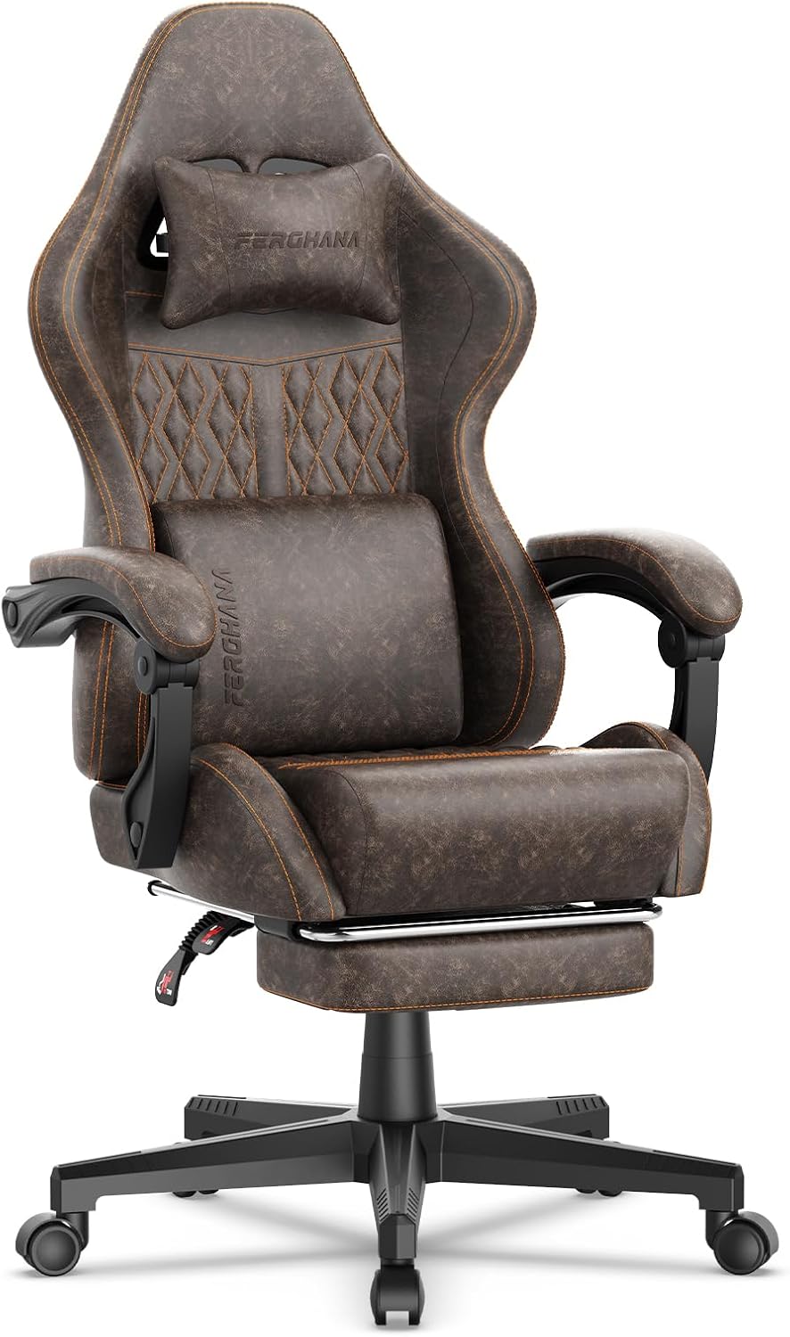 Ferghana Vintage PU Leather Gaming Chair, High Back Gamer Chair with Massage, Ergonomic Computer Office Chair with Footrest for Adults, Racing Style Reclining Video Game Chair Brown