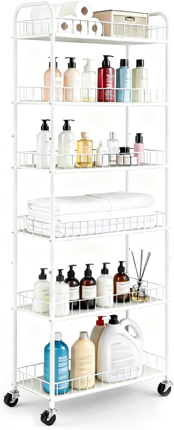 10in Slim Storage Cart, Metal 6-Tier Narrow Rolling Shelf, Sturdy Slim Storage with Hooks Ideal for Kitchen, Bathroom, and Laundry Room (10in White)