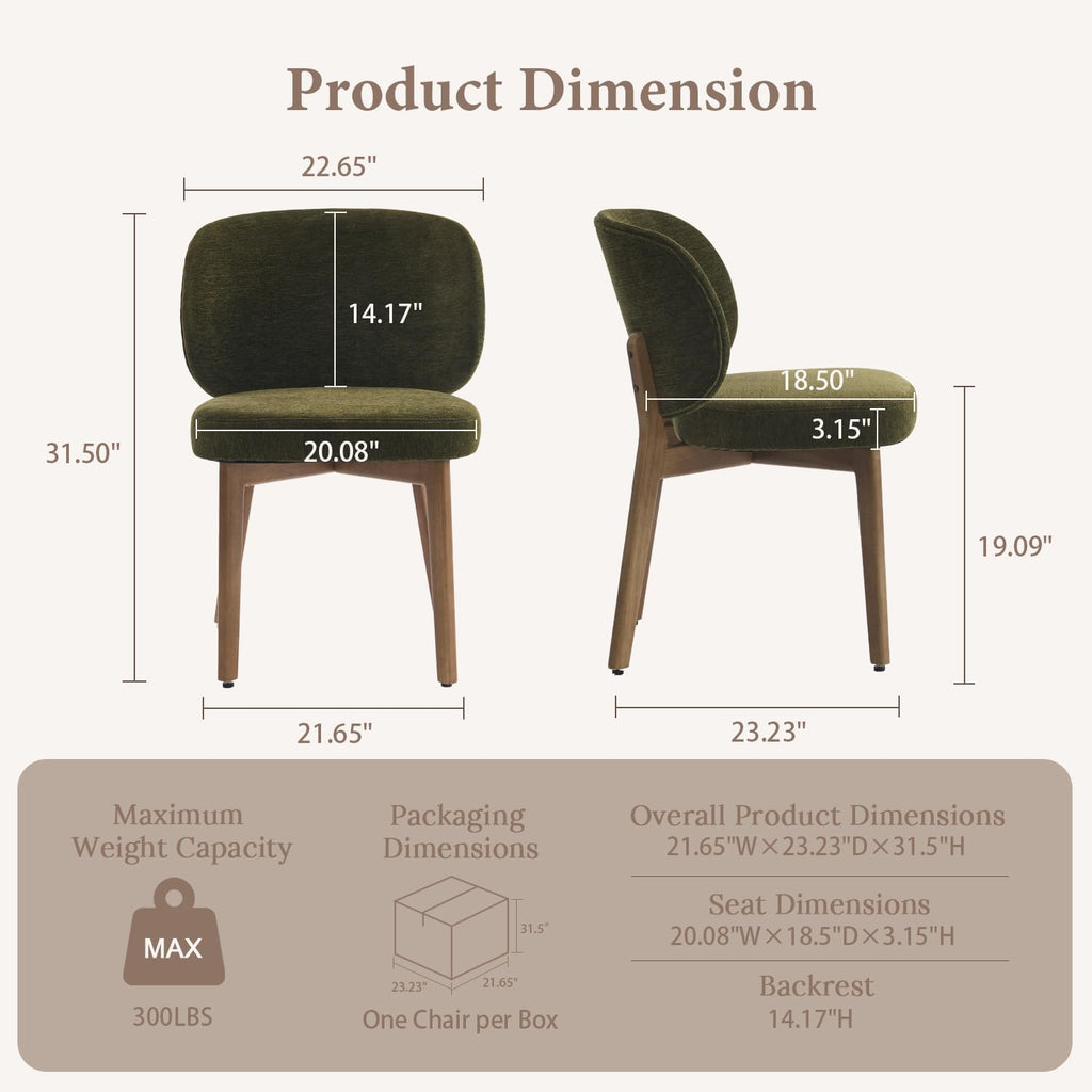 YOUNUOKE Upholstered Dining Chairs Set of 4, Modern Chenille Fabric Dining Room Chair with Wood Legs, Widen Backrest Comfy Armless Side Kitchen Chairs, Green