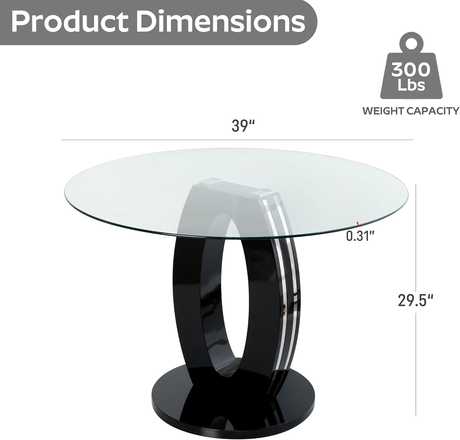 RGZ 39'' Modern Luxury Clear Glass Round Dining Table for 4-6, Glass Circle Top Kitchen Table with Elegant Silver Decorative Strips & Black Base, Small Apartment Dinner Table for Home, Living Room