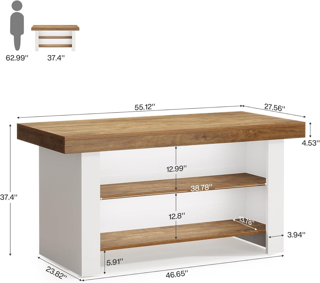 Tribesigns 55-Inch Kitchen Island with Storage, Farmhouse Center Island Table for Kitchen, Dining Room, Living Room (1, Brown and White)