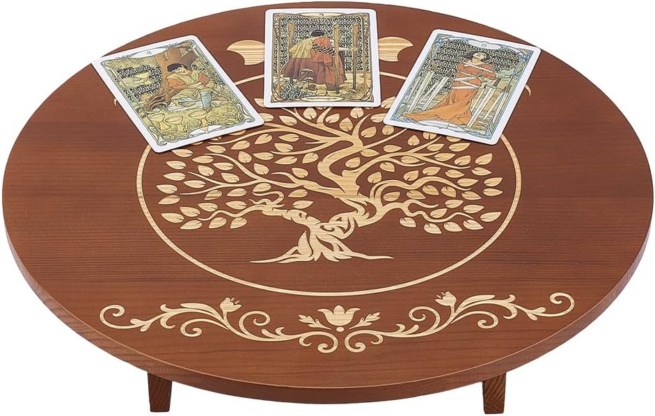 PH PandaHall Altar Table, 11.8x2.7 Inch Round Wooden Meditation Table Engraved Moon Tree of Life Patterns Wiccan Tables for Room Engraved Mystic Decor Witchcraft Supplies Buddhist Alter