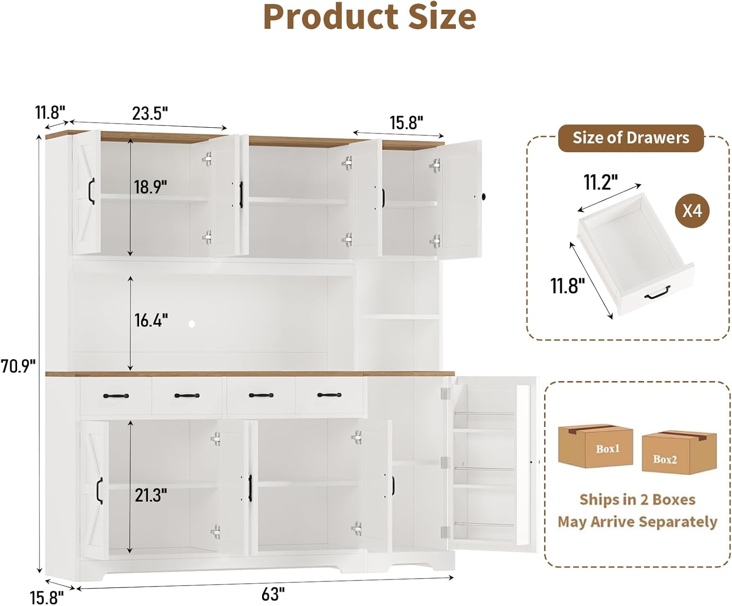 71" Tall Kitchen Pantry with LED Lights & Charging Station, Farmhouse Storage Cabinet with 4 Drawers & 6 Cabinets, Modern Kitchen Hutch for Dining Room with Adjustable Shelves, White