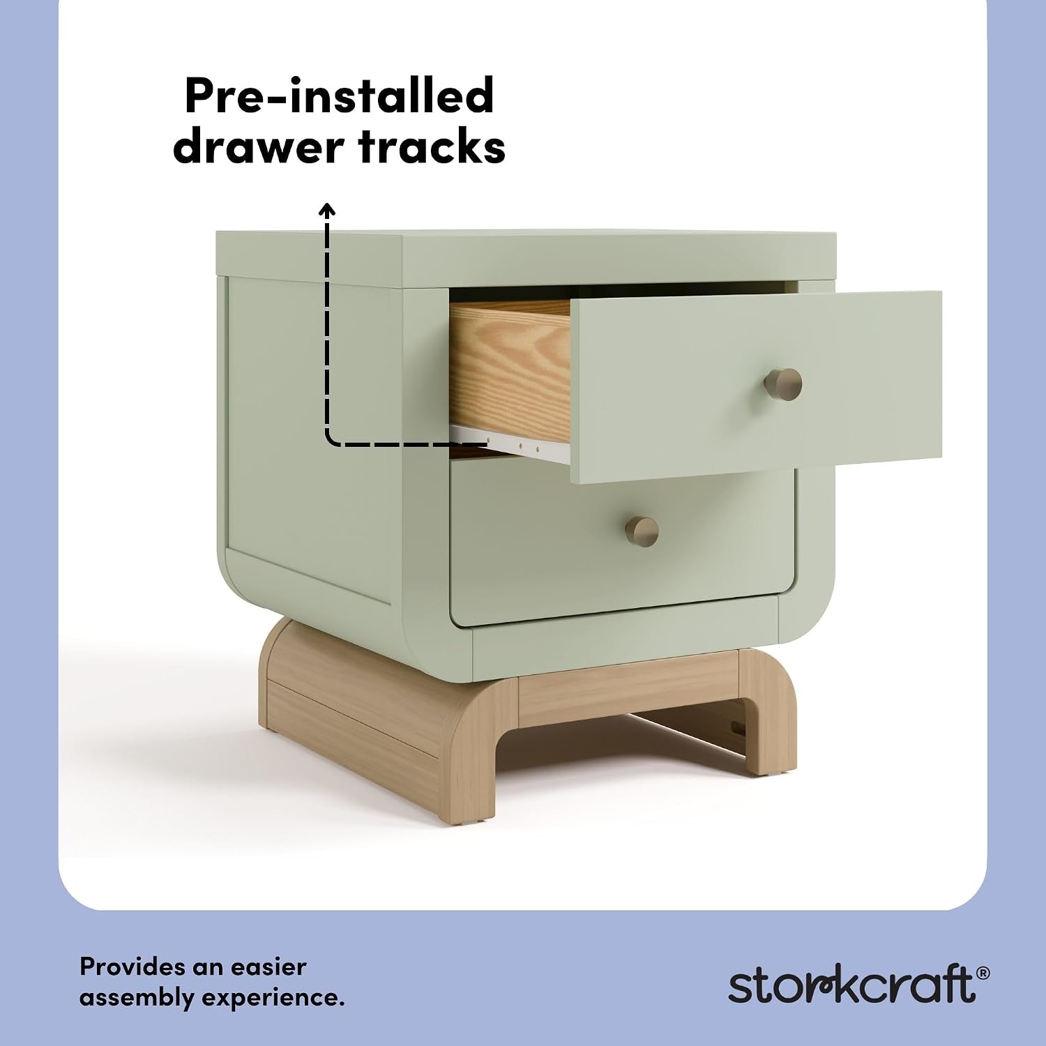 Storkcraft Santorini 2 Drawer Nightstand, Sage & Driftwood | GREENGUARD Gold Certified Nightstand for Kids Bedroom, Premium Wood with Curved Base, “Champagne” Metal Knobs