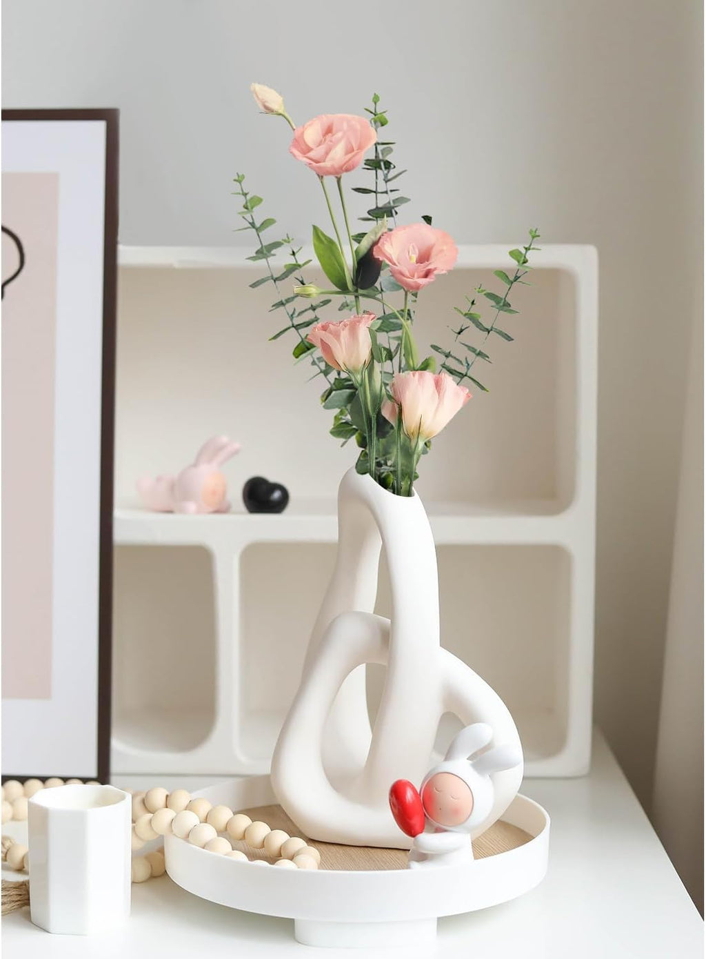 STHIE Modern White Ceramic Flower Vases for Home Decor Aesthetic, Boho Decorative Vase for Bouquet Pampas Grass, Living Room Bedroom Kitchen Maximalist Decor (White)