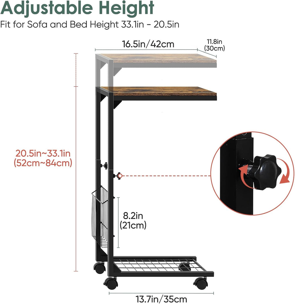 C Shaped Side Table Small End Table with Wheels Slide Under Couch Table for Sofa C Table with Metal Frame Adjustable Height Sofa Table for Living Room Bedroom Small Space, Rustic Brown