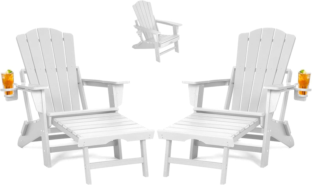LETKIND Folding Adirondack Chair with Retractable Ottoman Set of 2, All Weather Fire Pit Chairs with Cup Holder, Outdoor Chair with Ottoman,White