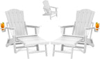 LETKIND Folding Adirondack Chair with Retractable Ottoman Set of 2, All Weather Fire Pit Chairs with Cup Holder, Outdoor Chair with Ottoman,White