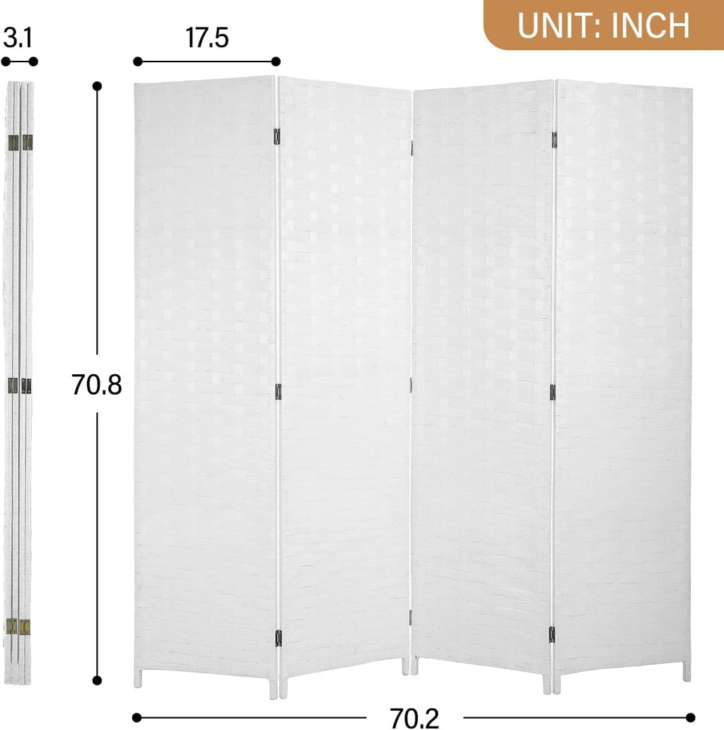 6ft Room Divider, 4 Panel Folding Privacy Screen with Hand-Woven Opaque Design, Extra Stable Wood Partition Wall, Freestanding Portable Separator for Home Office (White, 4 Panels)