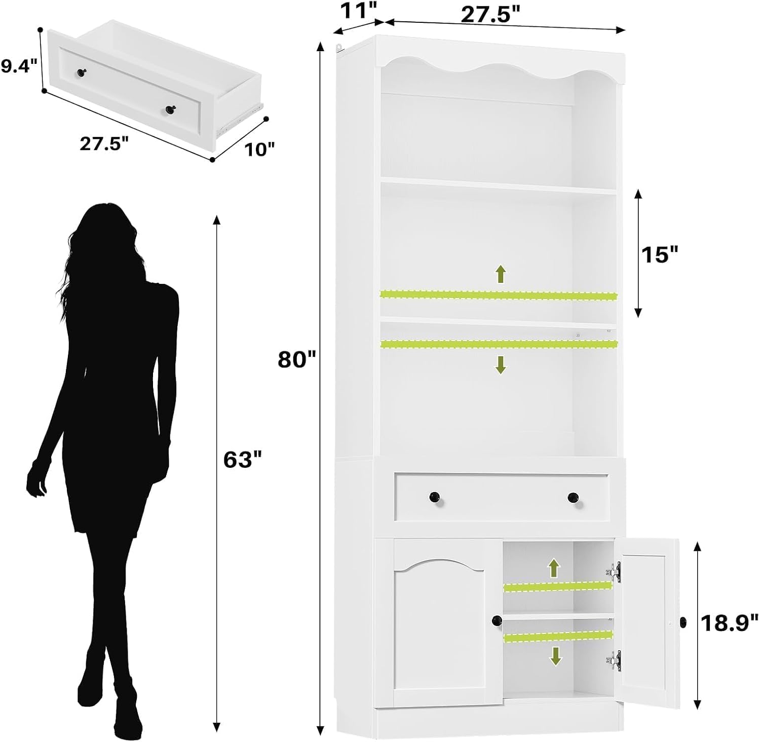 Cyclysio 80" Tall Pantry Cabinet with 3-Tier Open Shelves, White Kitchen Pantry Storage Cabinet with Drawer, Kitchen Organizer with Built-in Baseboard Notch for Kitchen, Living Room, Bathroom