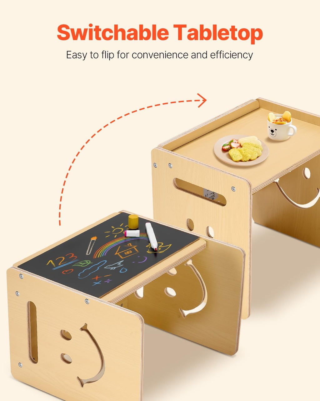 VEVOR Montessori Weaning Table and Chair Set, 3 in 1 Wooden Toddler Table and Chairs with Chalkboard, Adjustable Height Montessori Table for Ages 1-5, Ideal for Drawing, Reading, Eating - Natural