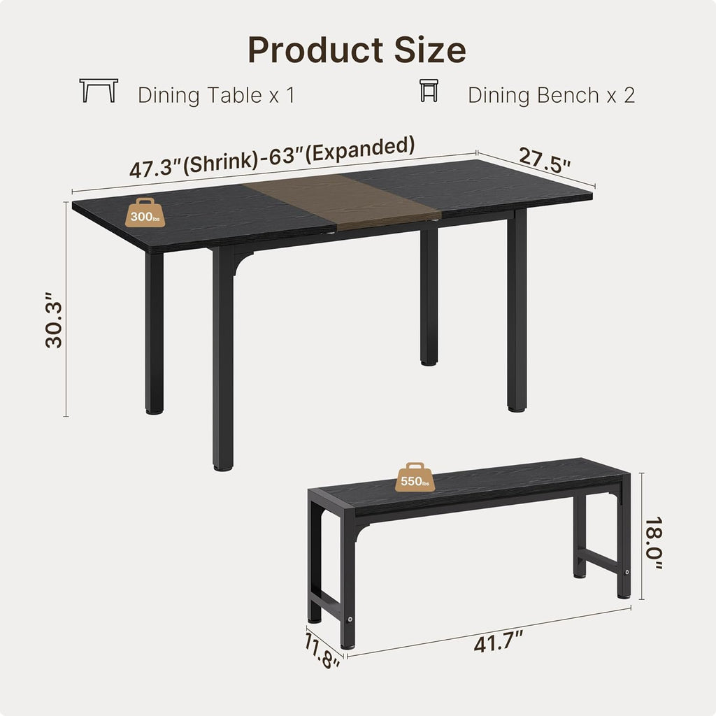Ahomly 63“ Large Extendable Dining Table Set for 4-6 with 180° Smart-Flip Pivot, Kitchen Table Set with Bench, Dining Room Table with Metal Frame & MDF Board, Perfect for Small Space, Black