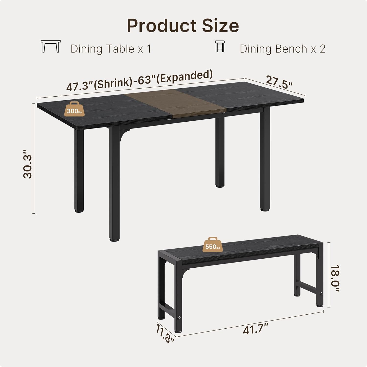 Ahomly 63“ Large Extendable Dining Table Set for 4-6 with 180° Smart-Flip Pivot, Kitchen Table Set with Bench, Dining Room Table with Metal Frame & MDF Board, Perfect for Small Space, Black