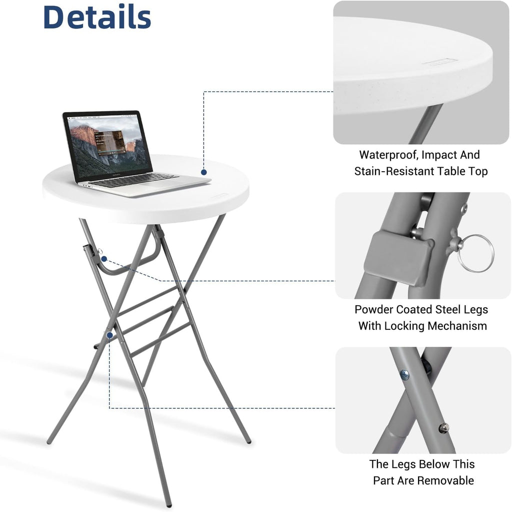 Byliable Cocktail Table 28in Folding Round High Top Indoor Outdoor with Removable Legs, Tall Bistro Foldable Bar Height Table for Parties, Patio, Backyard, Dining, Wedding, White- 2PCS