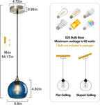 Blue Glass Pendant Lights Kitchen Island Lighting Globe Pendant Light Fixtures Modern Pendant Lighting for Kitchen Island Bedroom Living Dining Room Light Fixture(5.9in, 3-Pack)