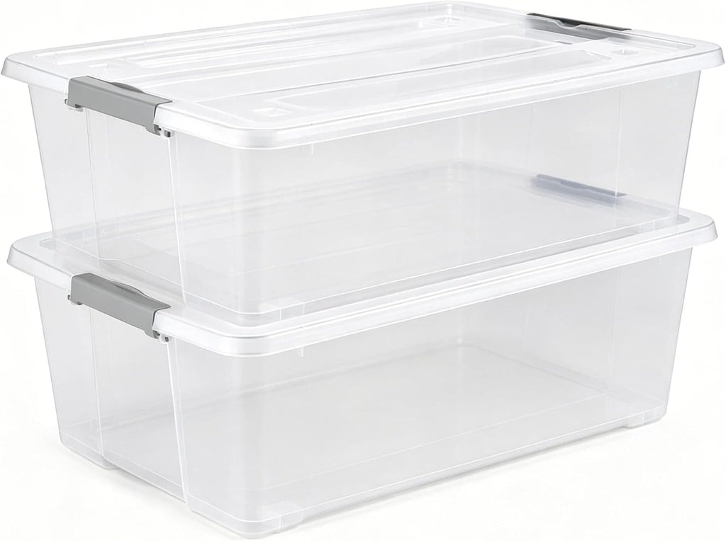 2 Pack Under Bed Storage Bin with Lid,40 Quart Stackable Clear Plastic Container for Clothing, Bedding Items,Under Bed Storage Organizer with Wheels,Transparent Underbed Design