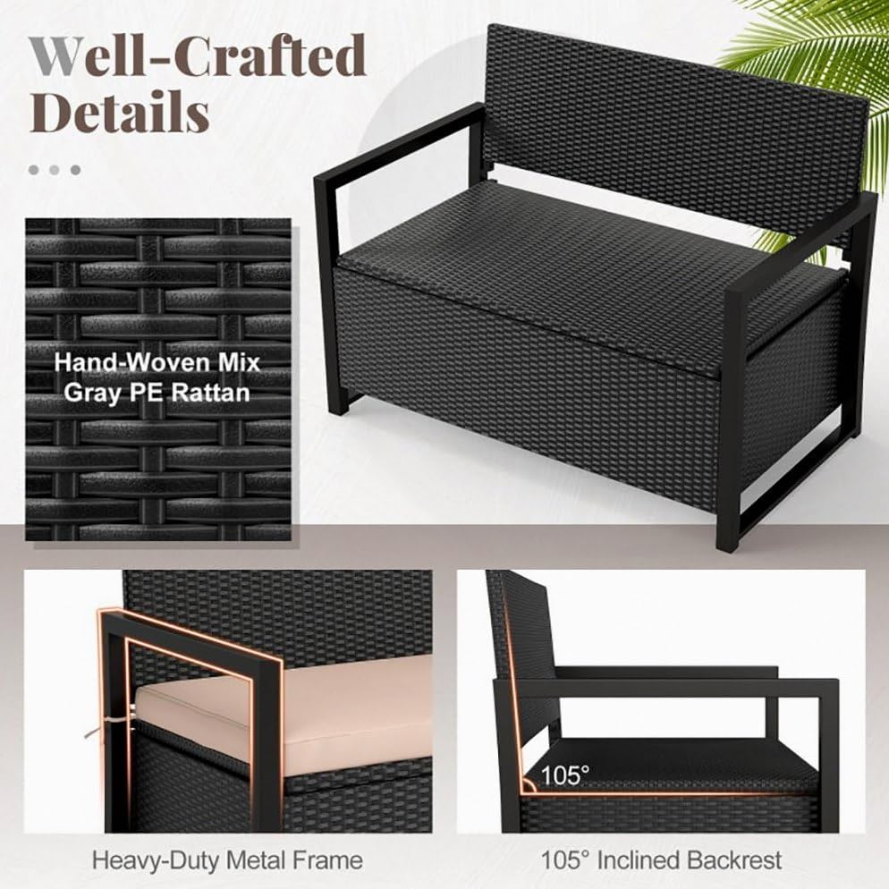 PE Rattan Metal Frame Rustic Storage Bench with 40 Gal Compartment 800lb Capacity Weather-Resistant 24.5x46x33.5in for Patio - Brown
