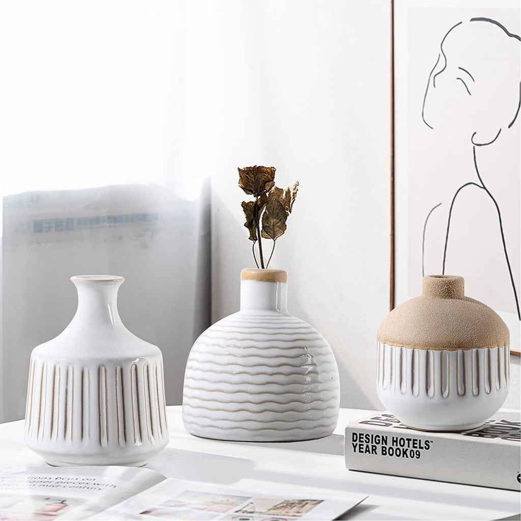 Boho Minimalist Small Ceramic Vase Set of 4 for Bedroom Living Room Office Fireplace Centerpiece Antique White Vintage Farmhouse Rustic Retro Flower Vases Home Decor Gift for Fake Plants