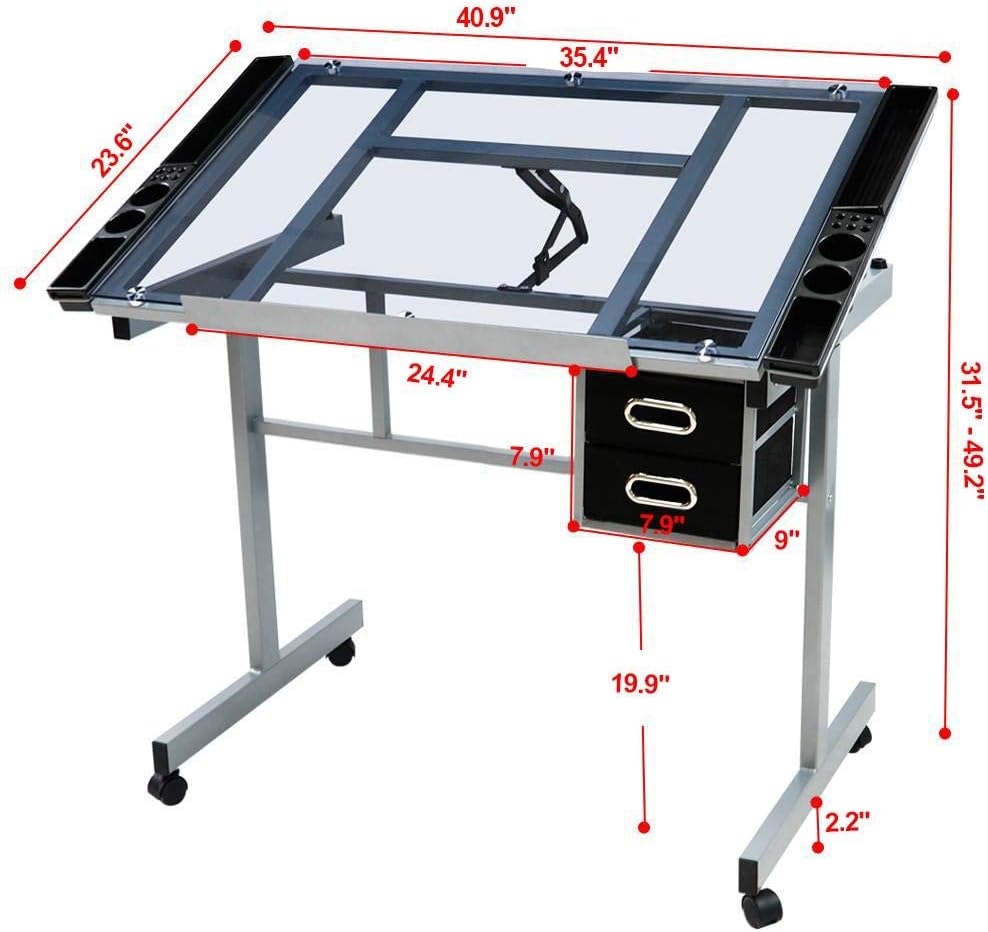Yaheetech Drawing Desk Adjustable Glass Drafting Study Table for Diamond/Versatile Art Craft Station w/ 2 Slide Rolling Wheels and Drawers for Artist Painters Home Office