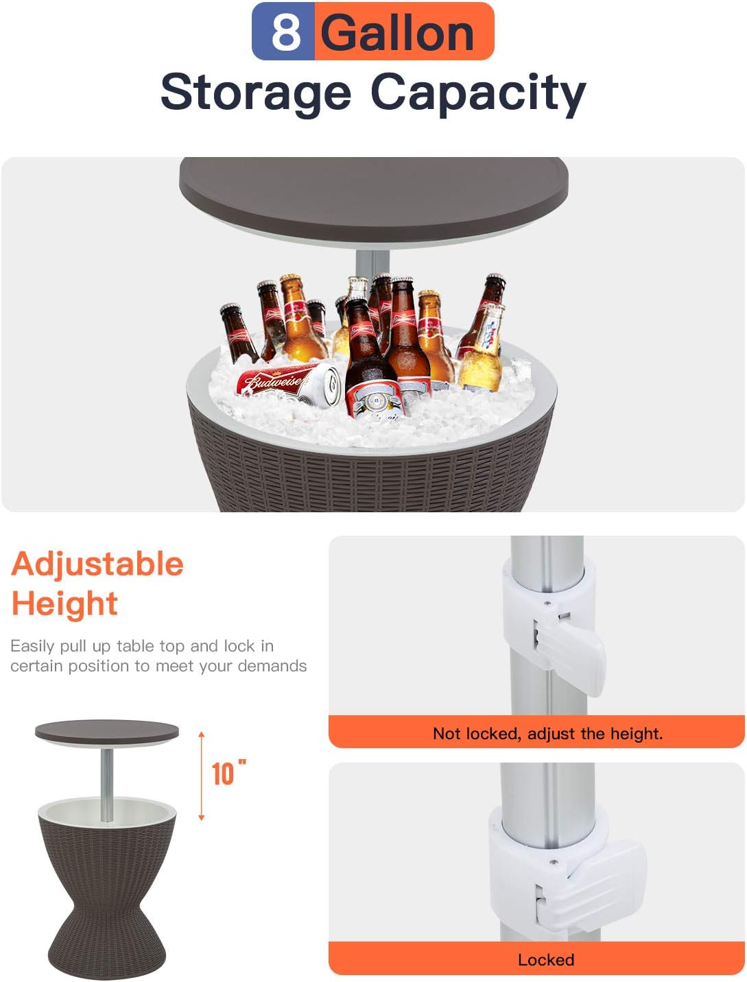 FDW Cool Bar Cooler Table Outdoor Patio Furniture and Hot Tub Side Table 3in1 All-Weather Cool Wicker Bar Table + Ice Bucket + Cocktail Coffee Table with 8 Gallon Beer and Wine Cooler, Grey