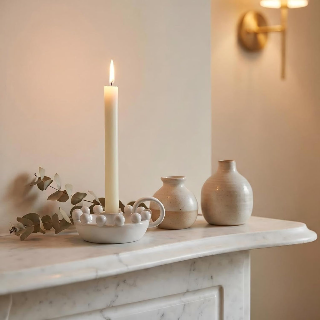 Ceramic Taper Candle Holder with Handle,Vintage White Glaze Farmhouse Beads Candlestick Holders for Mantel, Dining Home Decoration