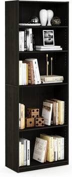 Furinno Jaya Book Shelf, 5-Tier Bookshelf, Tall Standing Bookcase with Adjustable Shelves, 9.5 x 24.5 x 71.2, for Living Room, Bedroom, Home Office, Black Espresso