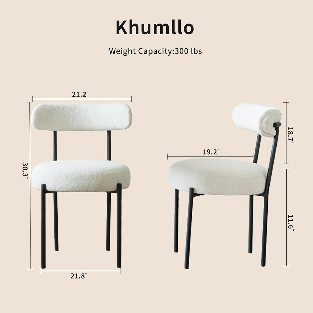 Dining Chairs Set of 2, Boucle Upholstered Modern Mid Century Round Kitchen Chairs with Curved Backrest & Metal Legs for Vanity, Living Room (White-1)
